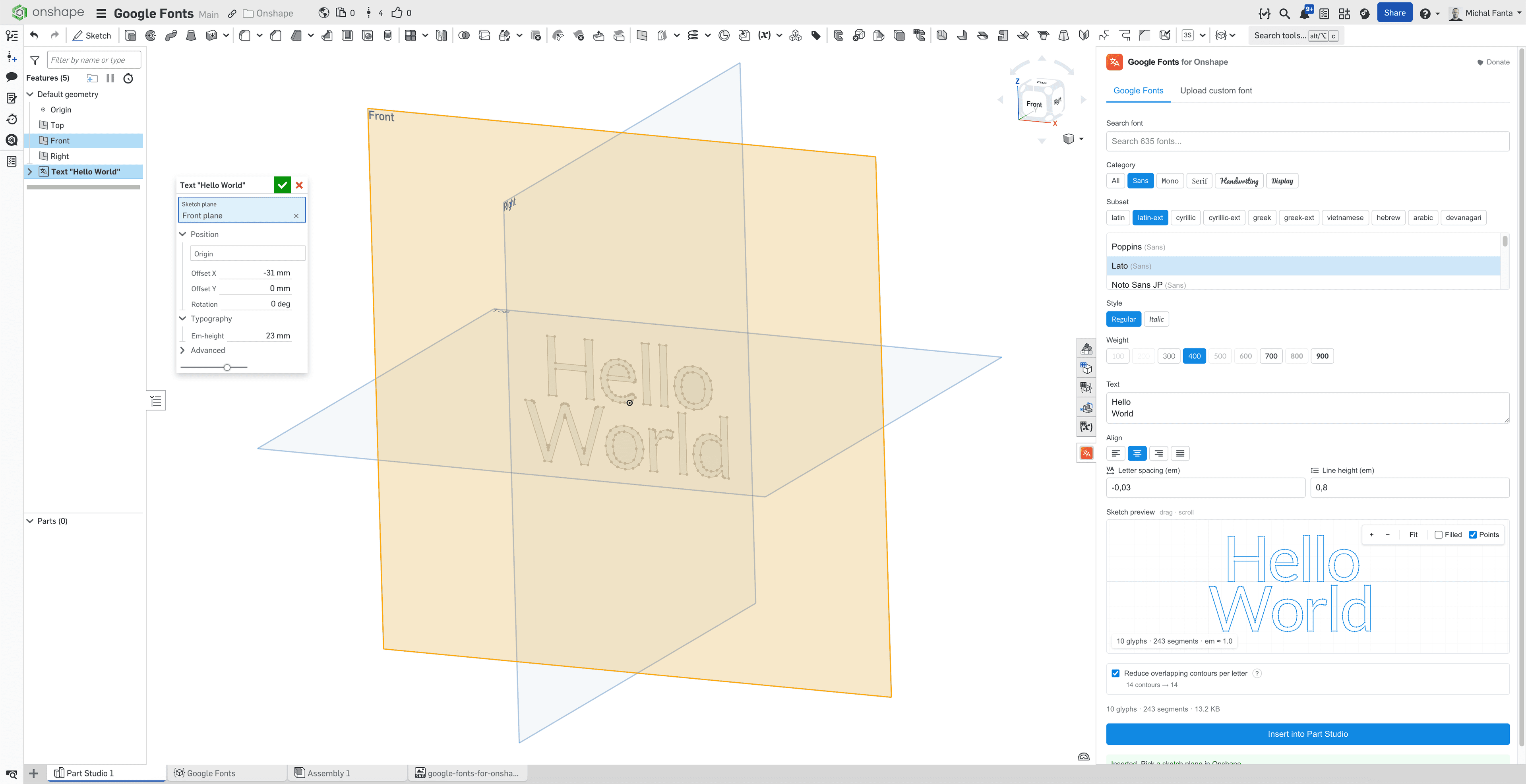 Google Fonts panel open in Onshape Part Studio with text inserted as native sketch curves