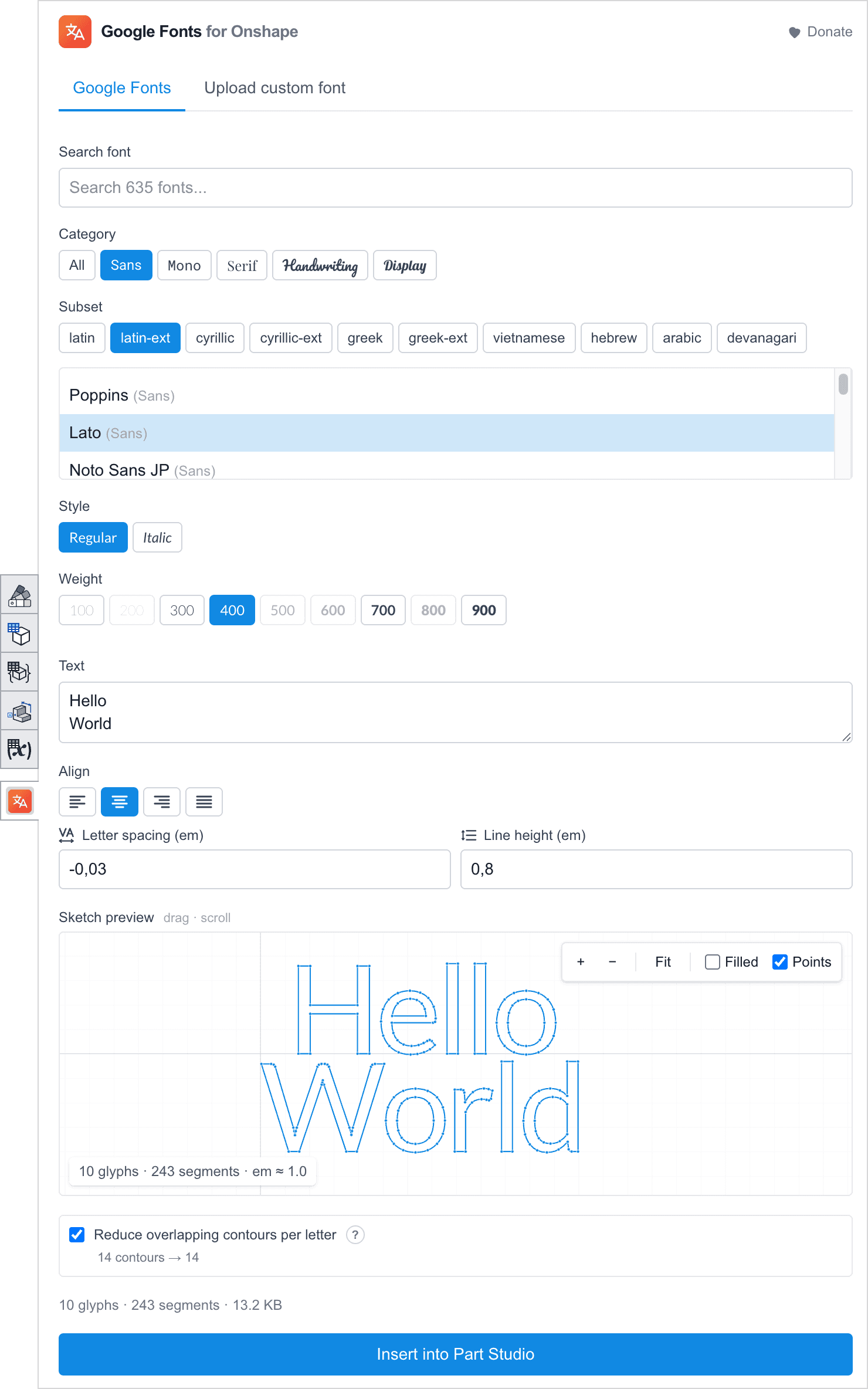 Google Fonts panel in Onshape — font picker with live sketch preview